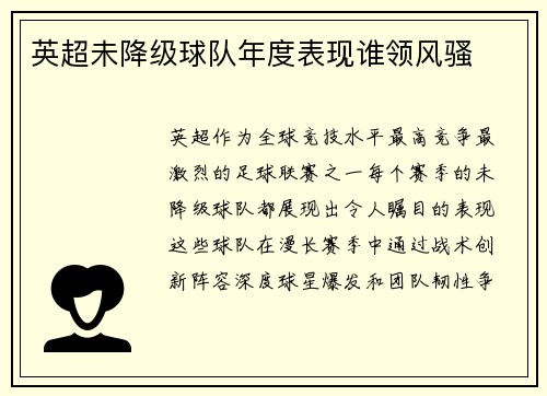 英超未降级球队年度表现谁领风骚
